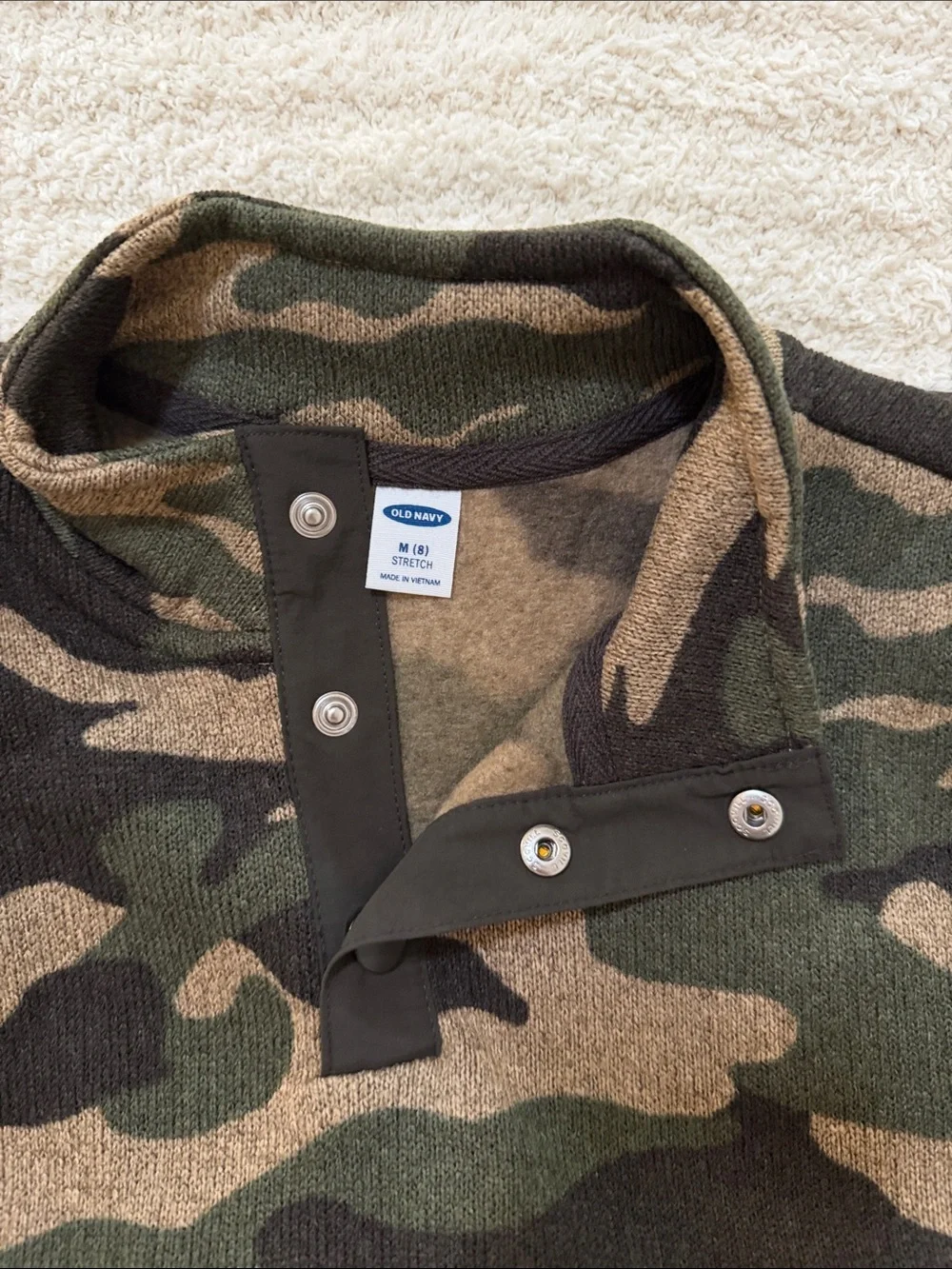 Old Navy Kids Camo Zip-Button Fleece Pullover - Green, Brown, Black